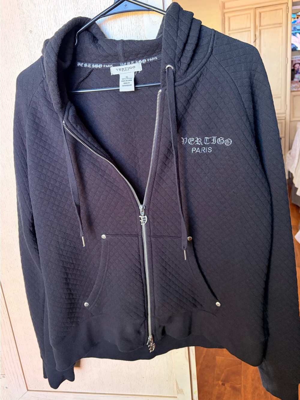 Vertigo Paris Women’s XL Black Quilted Gothic Zip Up Hoodie Jacket Embroidered